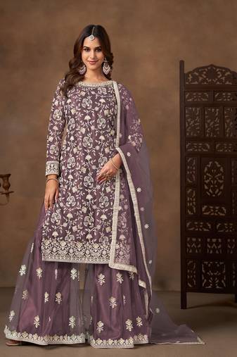 Purple net  zari work salwar kameez suits size up to 42
