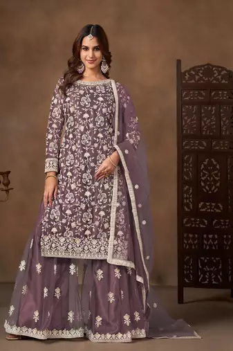 Purple net  zari work salwar kameez suits size up to 42