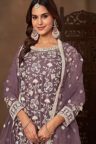 Purple net  zari work salwar kameez suits size up to 42