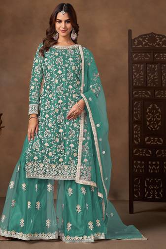 Teal green net  zari work salwar kameez suits size up to 42