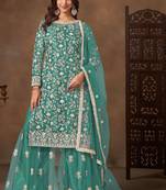 Teal green net  zari work salwar kameez suits size up to 42