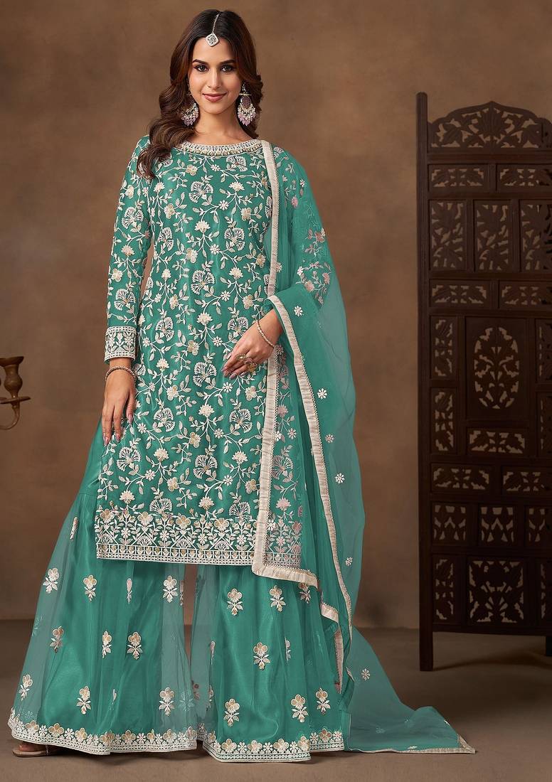 Teal green net  zari work salwar kameez suits size up to 42