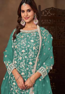 Teal green net  zari work salwar kameez suits size up to 42 2