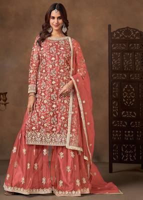 Peach net  zari work salwar kameez suits size up to 42 1