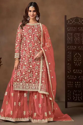 Peach net  zari work salwar kameez suits size up to 42