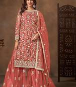 Peach net  zari work salwar kameez suits size up to 42