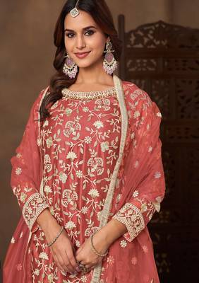 Peach net  zari work salwar kameez suits size up to 42 2