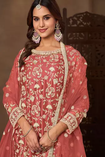 Peach net  zari work salwar kameez suits size up to 42