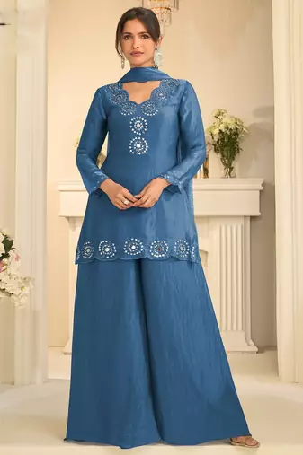 Blue silk blend mirror work salwar suits free size up to 42