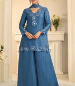 Blue silk blend mirror work salwar suits free size up to 42