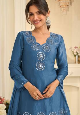 Blue silk blend mirror work salwar suits free size up to 42 2