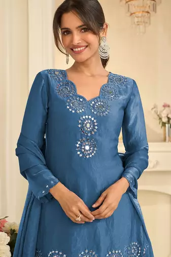 Blue silk blend mirror work salwar suits free size up to 42