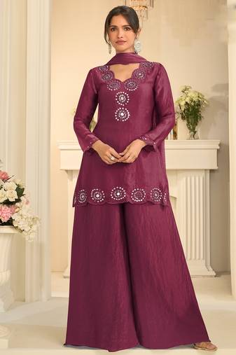 Wine silk blend mirror work salwar suits free size up to 42