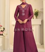 Wine silk blend mirror work salwar suits free size up to 42