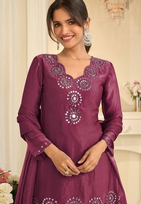 Wine silk blend mirror work salwar suits free size up to 42 2