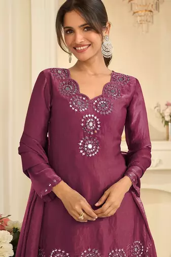 Wine silk blend mirror work salwar suits free size up to 42