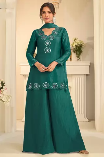 Teal green silk blend mirror work salwar suits free size up to 42