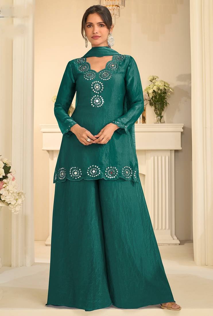 Teal green silk blend mirror work salwar suits free size up to 42