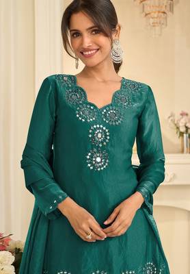 Teal green silk blend mirror work salwar suits free size up to 42 2