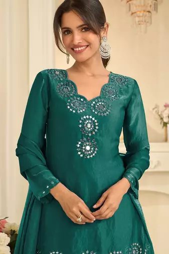 Teal green silk blend mirror work salwar suits free size up to 42