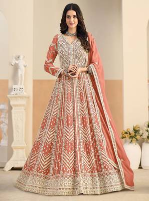 Rust georgette sequins work salwar suits free size up to 42 1