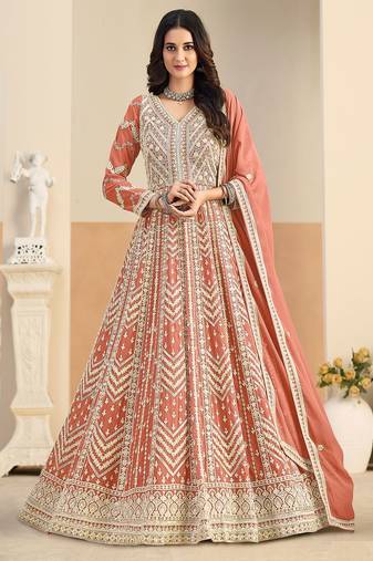 Rust georgette sequins work salwar suits free size up to 42