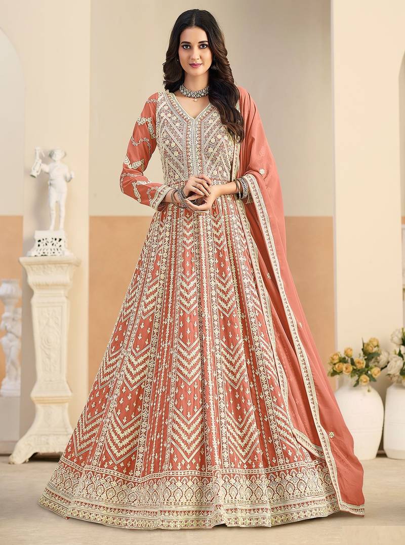 Rust georgette sequins work salwar suits free size up to 42