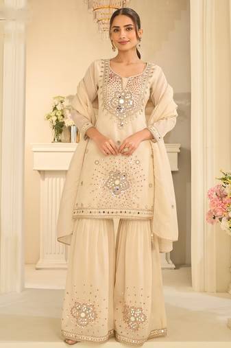 Cream silk mirror work salwar suits free size up to 42
