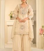 Cream silk mirror work salwar suits free size up to 42