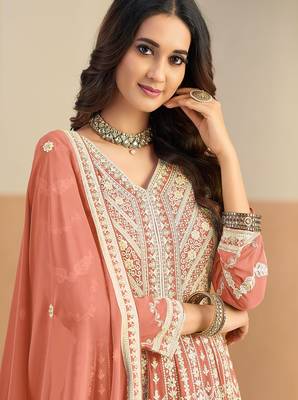 Rust georgette sequins work salwar suits free size up to 42 2