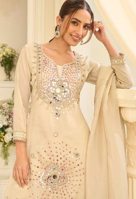 Cream silk mirror work salwar suits free size up to 42 2