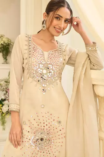 Cream silk mirror work salwar suits free size up to 42
