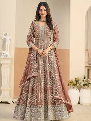 Rust georgette sequins work salwar suits free size up to 42 1