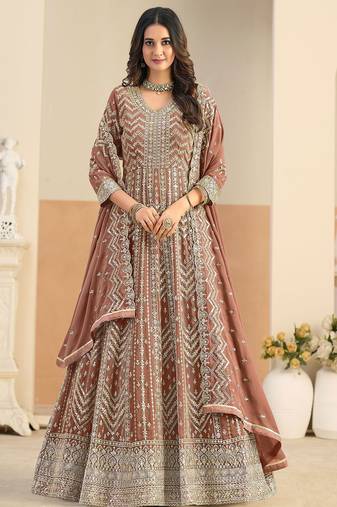 Rust georgette sequins work salwar suits free size up to 42