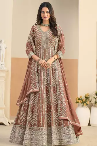 Rust georgette sequins work salwar suits free size up to 42