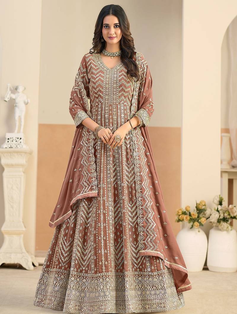 Rust georgette sequins work salwar suits free size up to 42