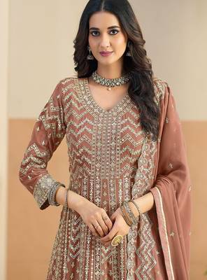 Rust georgette sequins work salwar suits free size up to 42 2