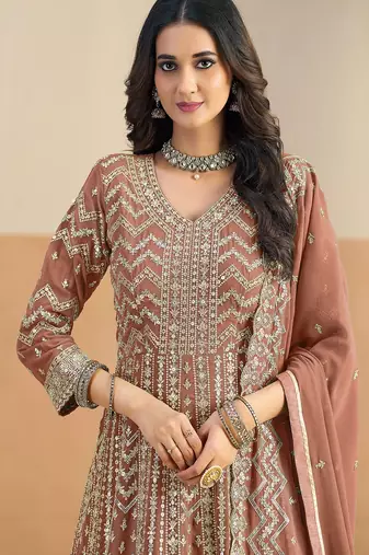 Rust georgette sequins work salwar suits free size up to 42