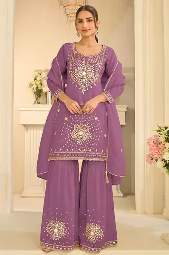 Lilac silk mirror work salwar suits free size up to 42