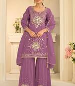 Lilac silk mirror work salwar suits free size up to 42