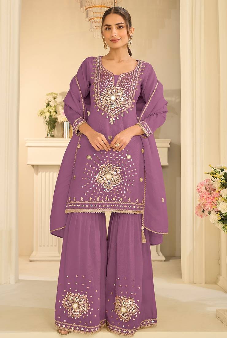 Lilac silk mirror work salwar suits free size up to 42