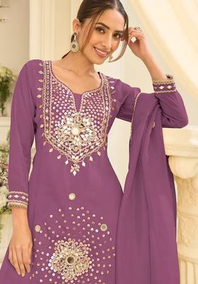 Lilac silk mirror work salwar suits free size up to 42 2