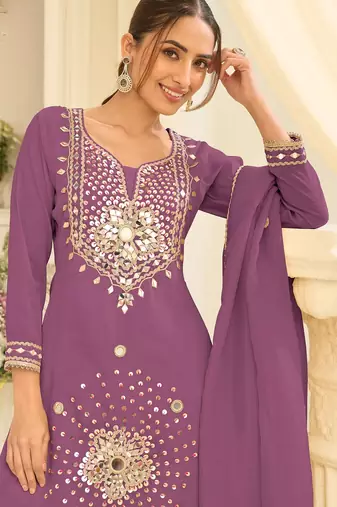 Lilac silk mirror work salwar suits free size up to 42