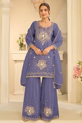 Blue silk mirror work salwar suits free size up to 42 1