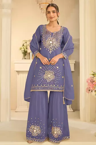 Blue silk mirror work salwar suits free size up to 42