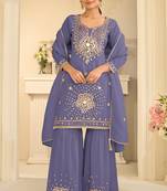 Blue silk mirror work salwar suits free size up to 42