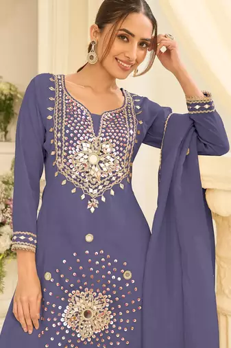 Blue silk mirror work salwar suits free size up to 42
