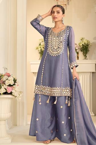Blue silk mirror work salwar suits free size up to 42