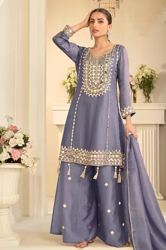 Blue silk mirror work salwar suits free size up to 42