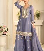 Blue silk mirror work salwar suits free size up to 42